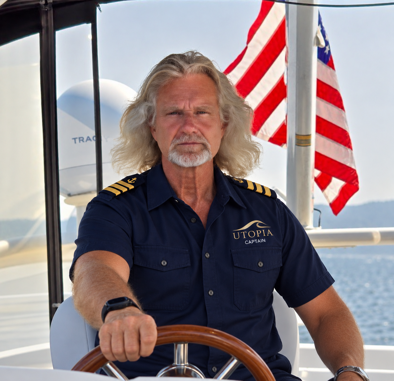 Captain Chris at the helm of Utopia